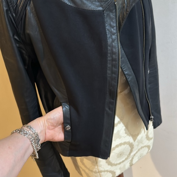 Anthropologie Elevenses Genuine Leather Cotton Cropped Moto Zip Jacket Sz 6 - Picture 6 of 16